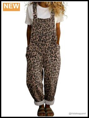 Women's Leopard Print Denim Bib Overall Wide Leg Cheetah Jeans Jumpsuit